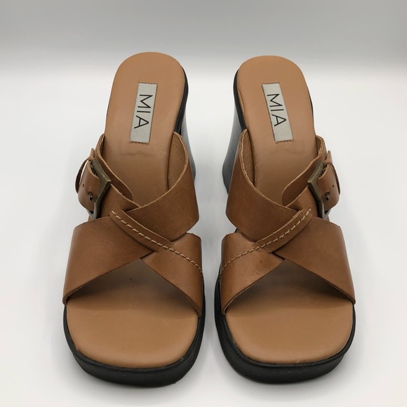 MIA Tan Leather Chunky Heels Y2K 90s - Women’s Size 10 - Picture 3 of 7